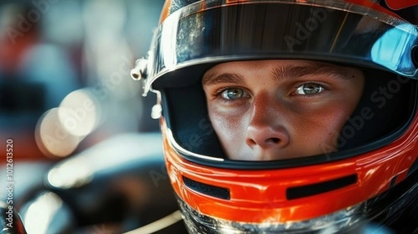 Fototapeta The image depicts a race car driver wearing a helmet, gazing intently ahead, exhibiting an atmosphere suggestive of a competitive motorsport.