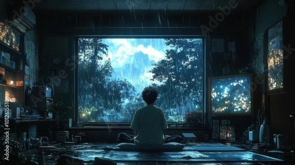 Fototapeta A wide view of a nostalgic 80’s Japanese cartoon-style room, the boy sitting cross-legged on a window bench, gazing at the rain outside with soft, muted lighting 