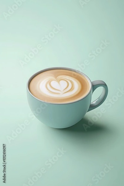 Fototapeta A 3D render of a hot cup of cappuccino with a frothy, glossy surface and latte art, against a soft green background