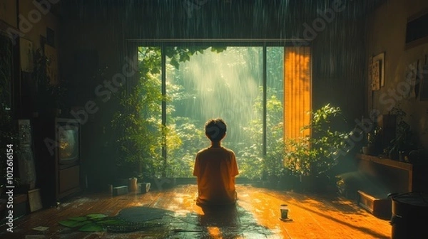 Fototapeta A wide view of the boy standing at the window in an 80’s Japanese cartoon-style room, the rain falling gently outside as warm, nostalgic light fills the room 