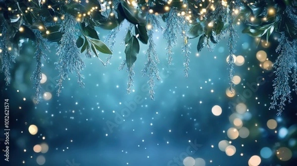Obraz Enchanting background with a blue Christmas garland, decorated with twinkling lights that hang gracefully. Perfect for holiday visuals