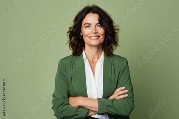 Obraz Portrait of smiling businesswoman with crossed arms standing against green background