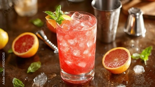 Fototapeta A beautifully presented red drink with ice in a tall glass, surrounded by fresh citrus fruits, a jigger, and cocktail shaker on a wooden countertop.