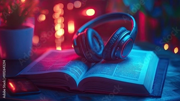 Fototapeta Headphones sitting atop an open book, with a glowing tablet next to it, hinting at digital learning or a combination of reading and listening to audiobooks.