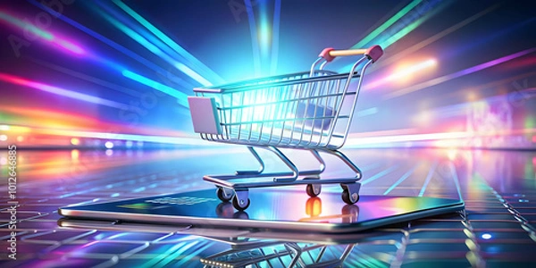 Fototapeta Holographic Credit Card Levitation Above Glowing Shopping Cart with Ample Copy Space for Modern Shopping and Digital Payment Concepts