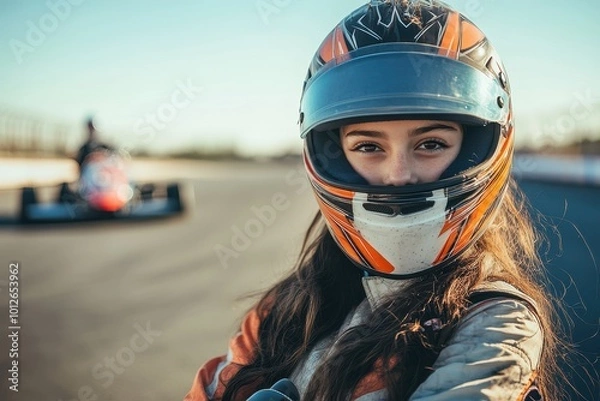 Fototapeta Girl racer with kart on track wearing helmet on sunny day