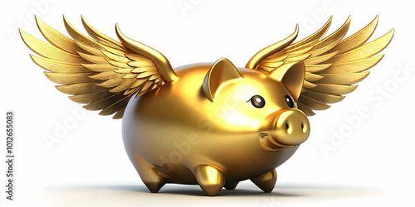 Fototapeta Flying Golden Piggy Bank: A Creative Symbol of Savings and Financial Security with Detailed Textures and Reflective Surfaces for Stock Photo Collection