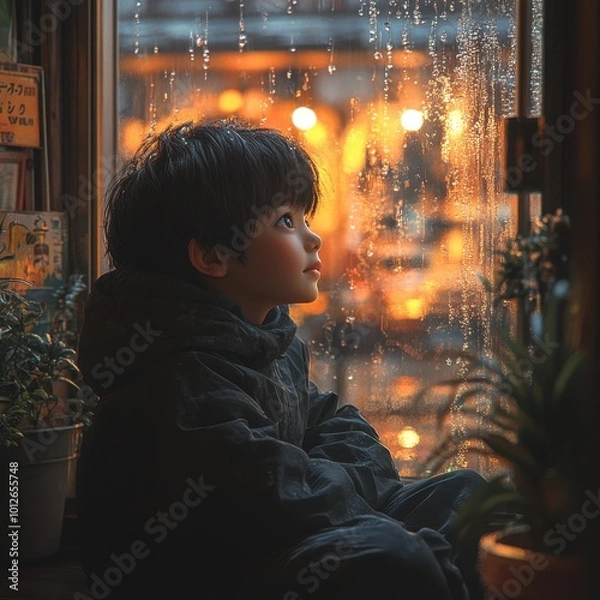 Fototapeta A boy in a cozy 80s Japanese cartoon-style room, sitting by the window with soft rain falling outside, warm ambient light reflecting the retro aesthetic 