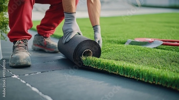 Fototapeta Worker installing artificial grass