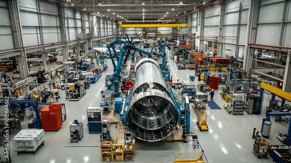 Fototapeta A manufacturing facility with robotic arms applying advanced composite materials to a large aerospace component, showcasing precision equipment and processes. 