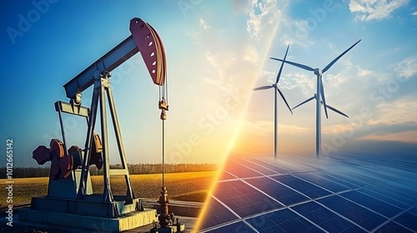 Fototapeta A split image showing an oil pump on one side and wind turbines on the other, symbolizing the transition from fossil fuels to renewable energy due to rising oil prices. 