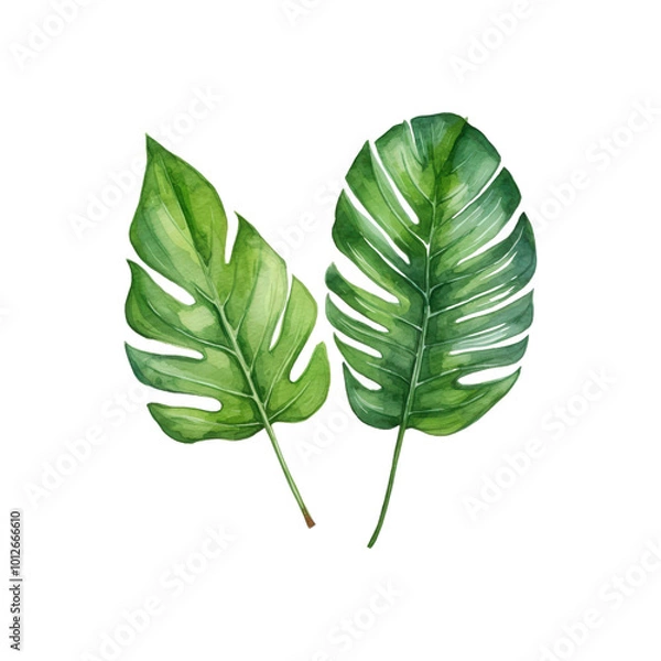Obraz Two green leaves with a white background. The leaves are large and have a lot of detail. The leaves are painted with watercolors and have a natural. Generative AI