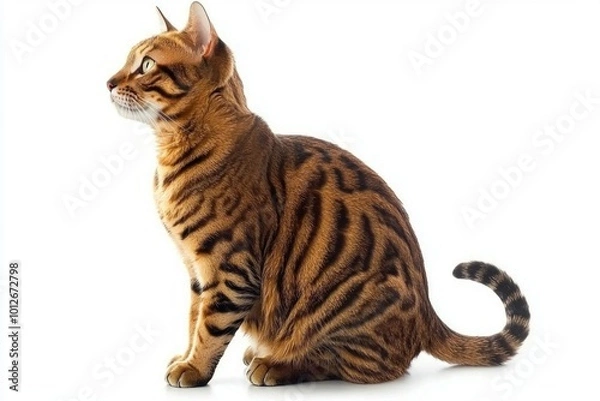 Fototapeta remarkable Toyger cat showcases its tiger-like stripes and muscular build, sitting confidently with an air of elegance on a crisp white background.