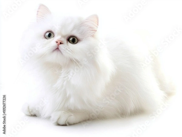 Fototapeta With its luxurious coat and distinctive flat face, this Persian cat radiates beauty and elegance while resting gracefully against a clean white backdrop.