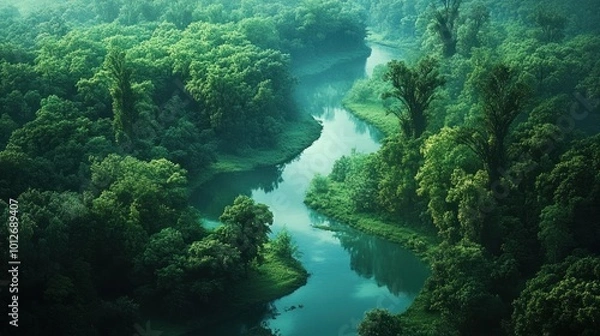 Fototapeta Aerial View of Serene River Winding Through Lush Forest