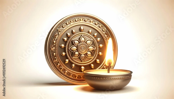 Fototapeta 3D Labh Pancham Coin and Traditional Diya on Isolated White Background - Minimalist Abstract Vector Design with Cultural Elegance and Intricate Details