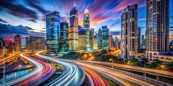 Fototapeta A lively city skyline at night, bursting with dynamic light trails and modern architecture, captures the vibrant energy and excitement of urban life.