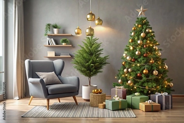 Fototapeta A sleek modern living room features a grey armchair alongside a festive Christmas tree, eco-friendly decor, neatly arranged gift boxes, and elegant New Year's decorations.