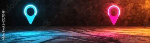 Fototapeta Neon-colored location pins on a textured surface, depicting a digital navigation theme with blue and pink colors against a dark background.