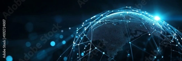 Fototapeta A digital representation of the Earth with glowing lines connecting continents, symbolizing global communication, network infrastructure, digital transformation, future technology, and innovation.