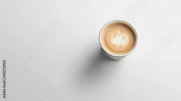 Fototapeta A top view of a latte in a paper cup with a beautiful flower design in the foam. This image represents a warm, comforting beverage, the perfect start to the day.