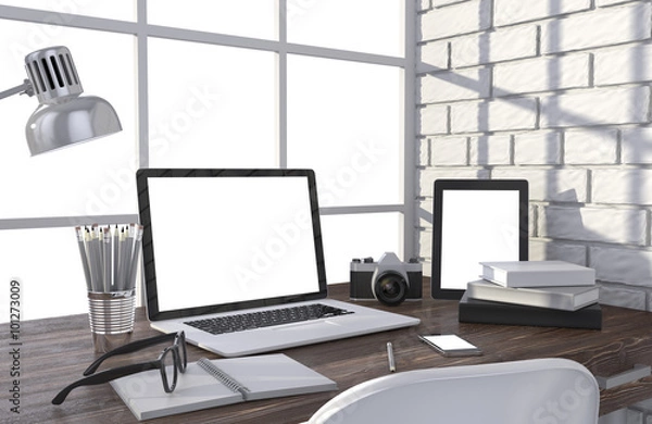 Fototapeta 3D illustration laptop and work stuff on table near brick wall, Workspace