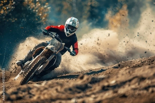 Fototapeta Motocross rider performs stunts on dirt track for competitive racing