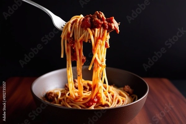Obraz spaghetti with sauce on a fork 