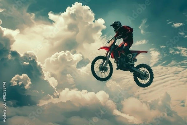 Fototapeta Motorcycle rider performs daring stunt during show