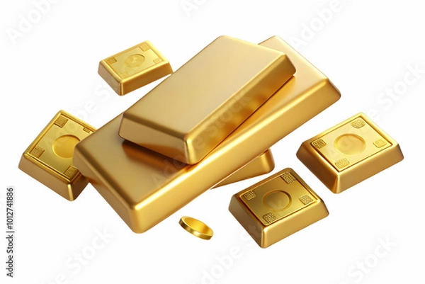 Obraz A Floating Gold Bar and Stack of Bills Isolated on White Background Symbolizing Wealth Accumulation and Financial Stability for Investment and Wealth Management