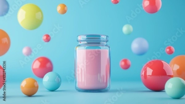 Fototapeta Colorful spheres surrounding a glass jar of pink liquid
