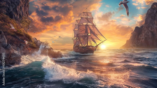 Fototapeta A majestic sailing ship navigates turbulent waters at sunset near rocky cliffs, captured in a breathtaking coastal landscape