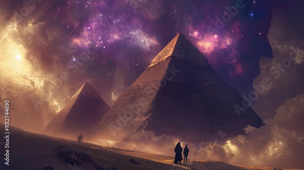 Fototapeta A couple exploring the majestic pyramids under a vibrant cosmic sky filled with stars and clouds