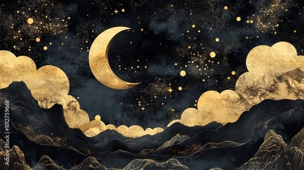 Fototapeta Vintage Illustration of a Crescent Moon in the Sky at Night