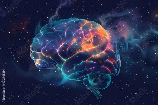 Fototapeta A vibrant cosmic brain illuminated with colorful nebulae and stars, symbolizing creativity and intelligence in a mystical universe.