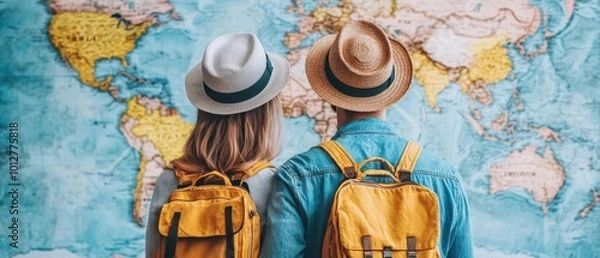 Fototapeta Couple exploring a world map, embracing the adventure of travel and planning their next journey together with backpacks.