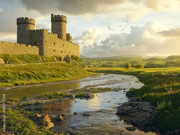 Fototapeta A high medieval castle from the 12th century, nestled in the heart of green meadows and soft hills, with a sparkling river flowing alongside.