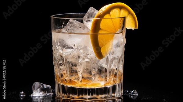 Obraz Lamonade in a clear glass with ice isolated on black background.