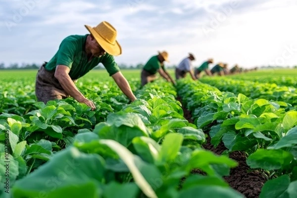 Fototapeta Watercolor painting of farmers working in a field, with vibrant green crops and a soft, sunny sky, representing the teamwork of rural agriculture
