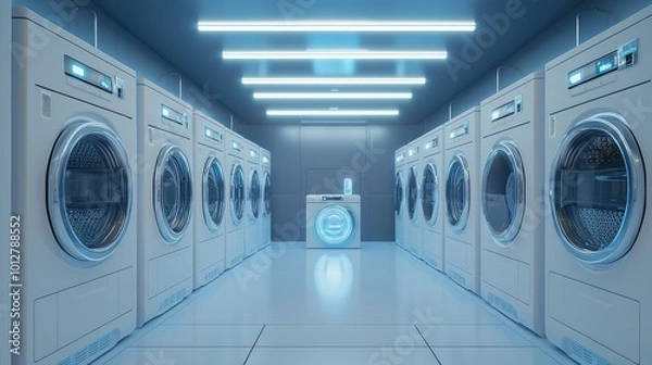 Fototapeta A modern laundry room featuring multiple washing machines and a bright, clean atmosphere with LED lights.