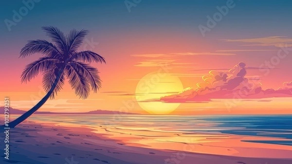 Fototapeta A serene beach scene at sunset featuring vibrant colors, gentle waves, and a solitary palm tree for a peaceful atmosphere.