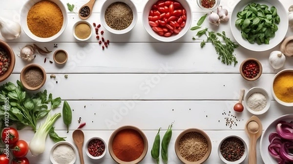 Fototapeta Food frame with spices, herbs and condiments on white stone table. Top View with copy space.