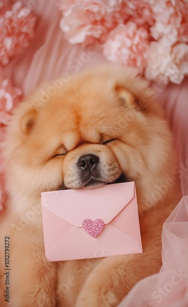 Fototapeta Chow Chow holding a pink love letter generated by AI
