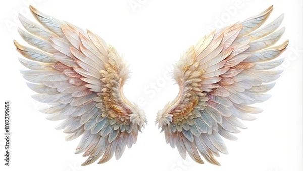 Fototapeta A pair of delicate, intricately detailed wings, showcasing a gradient of soft pastel hues, symbolizing hope, freedom, and the beauty of flight.