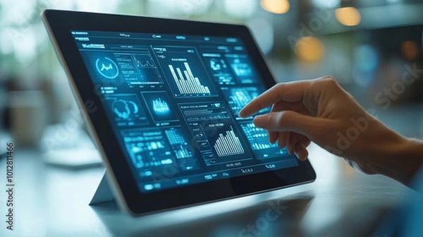 Fototapeta digital tablet to interact with a holographic architectural model, symbolizing innovation and the future of design, blending technology with creativity in modern architecture