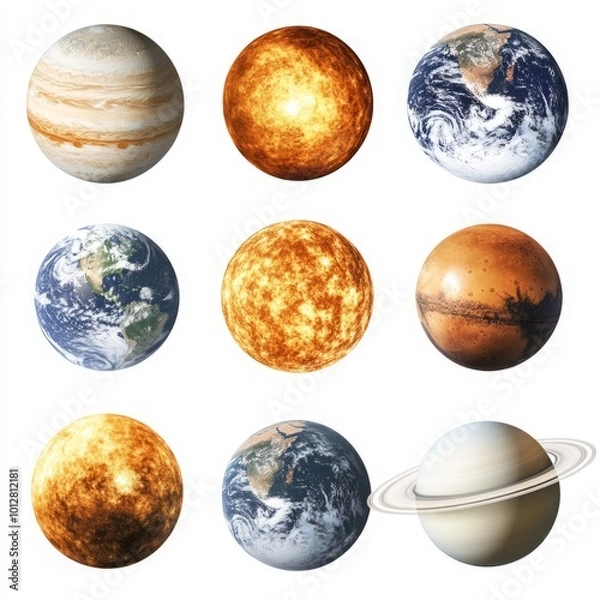 Fototapeta Collection of Celestial Bodies Including the Sun, Earth, Moon, Mars, and Saturn Isolated on Clean White Background