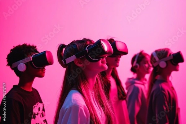 Fototapeta Teens Engaged in Virtual Reality Experience Together