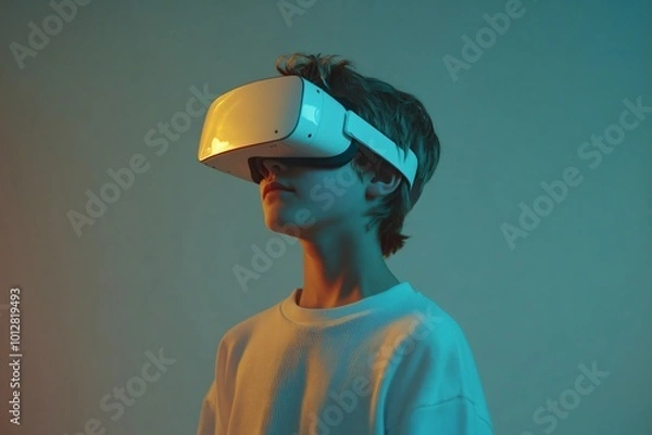 Fototapeta Teenage Boy Using VR Headset with Soft Lighting