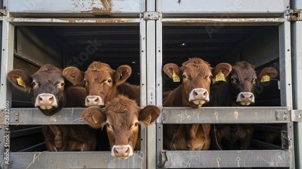 Fototapeta Cattle being transported in a large truck, with the driver securing the animals safely inside before heading to a new pasture.