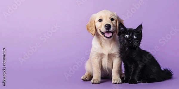 Fototapeta Happy golden retriever puppy and black kitten sitting side-by-side on a purple background.